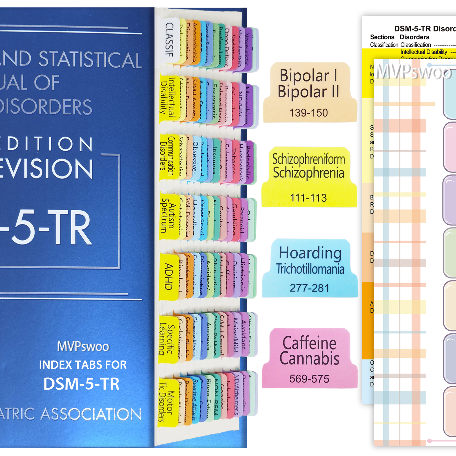 Upgraded Index Tabs for DSM-5-TR 2022, 94 Printed DSM-V-TR Tabs, 100 Tabs in Total, with Alignment Guide & Disorders Description Sheet for The Diagnostic and Statistical Manual of Mental Disorders