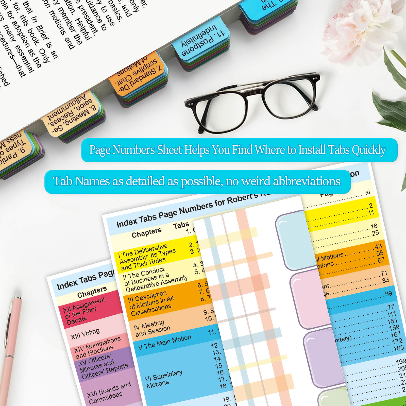 Index Tabs for Robert's Rules of Order Newly Revised, 12th Edition, 90 Color-Coded & Laminated Book Tabs with Alignment Guide (Book Not Included), Repositionable and Long-Lasting - 图片 3