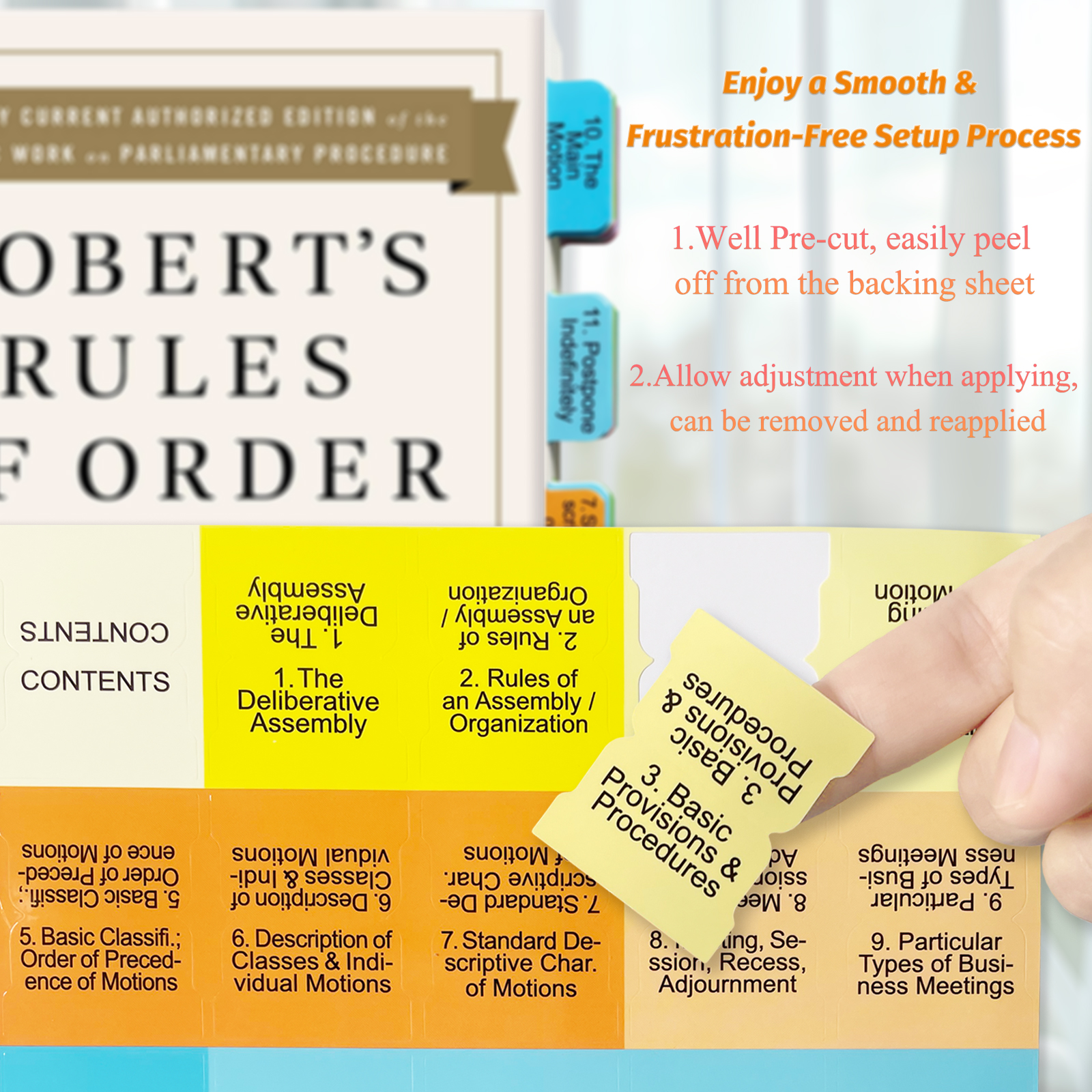 Index Tabs for Robert's Rules of Order Newly Revised, 12th Edition, 90 Color-Coded & Laminated Book Tabs with Alignment Guide (Book Not Included), Repositionable and Long-Lasting - 图片 6